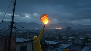 Anime illustration style. A child in a yellow raincoat releases a paper sky lantern from a rooftop crowded with crisscrossing