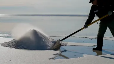 Salt farmer raking crystallized sea salt into mounds on a coastal evaporation flat at low tide, locked off static wide frame,