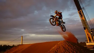 Motocross rider launching a massive tabletop jump above a red dirt hillside circuit at dusk, crane descending from the apex o
