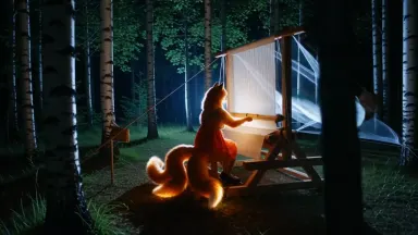 A kitsune with nine luminous tails sits at a great loom in the center of a silver birch grove at night, weaving shimmering th