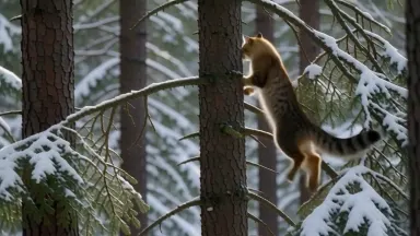 A fisher cat launches up a vertical hemlock trunk in a winter New England forest in powerful muscular bursts, claws biting in
