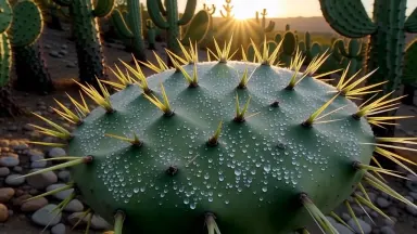 Prickly pear cactus pads on the Baja California peninsula at dawn are jeweled with beads of overnight dew that catch the firs
