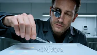 A diamond sorter at an Antwerp trading bench uses fine tweezers to lift and position loose stones one by one under a loupe, e