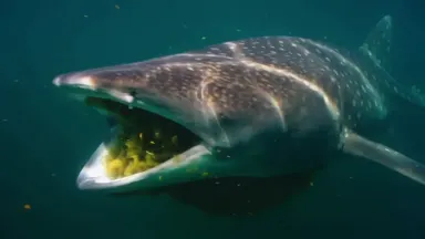 A basking shark drifts open-mouthed through a cold temperate sea, its white gill rakers straining a swirling green plankton b
