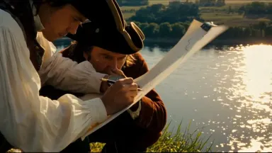 Two men dressed as Lewis and Clark expedition mapmakers crouch on a bluff above a wide Missouri River valley at golden hour, 