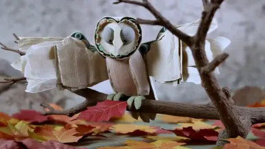 Stop motion jointed paper owl unfolding its wings frame by frame on a bare twig above scattered autumn leaves, camera arcs co