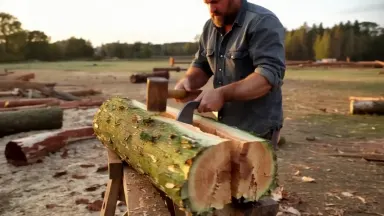 Sawyer splitting a green white-oak log with a froe and wooden mallet in an open timber yard, camera orbits counterclockwise a
