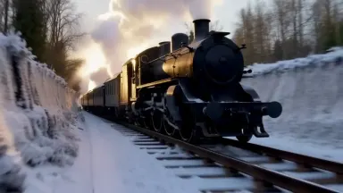 Steam locomotive running hard through a deep frosted cutting on a winter morning, white exhaust punching upward in rhythmic b