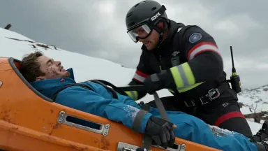 Ski patrol rescuer loading an injured skier into an orange toboggan sled at the top of an avalanche runout zone, whip pan swe