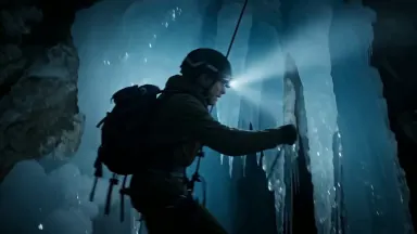 Climber rappelling through a curtain of ice formations in a dark alpine chimney, tracking shot moving alongside at matching d