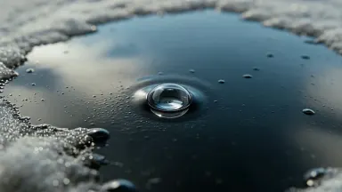 Surface of a frozen puddle with a single trapped air bubble pressing against the underside of clear black ice, locked off sta