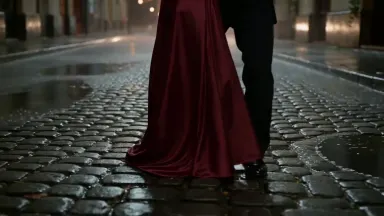 Tango couple at peak of a dramatic dip on a rain-soaked Buenos Aires cobblestone street at midnight, camera on a crane rising
