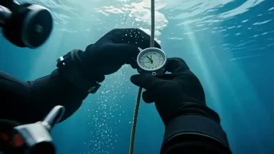 Technical diver checking rebreather loop pressure before descending a blue-hole chimney at sixty meters, camera slow tilting