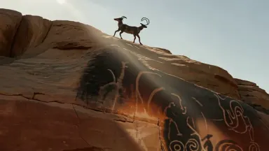 Rock art petroglyphs of ancient hunters covering a shaded desert varnish cliff face in Utah, camera on a crane descending slo