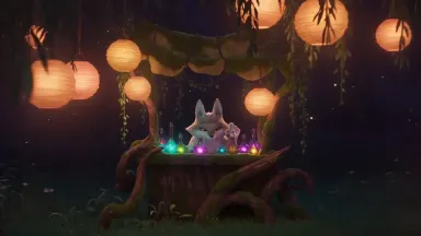 A trickster fox spirit merchant arranging glowing potion vials on a mossy forest market stall, slow push-in camera drifting f