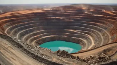Copper mine open pit descending in concentric terracotta spirals to a turquoise acid lake at the base, camera static on a wid