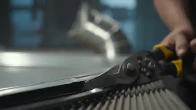 A tinsmith presses heavy snips through a sheet of galvanized metal on a corrugated tin bench, seaming a large flue pipe secti