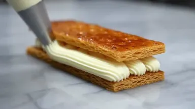 A patissier pipes cold vanilla cream in controlled ridges between caramelized puff pastry layers of a mille-feuille on a marb