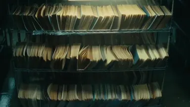 Rain-soaked books stand upright on industrial wire shelves in a municipal archive basement after a flood, overhead top-down c