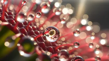 Extreme macro of a sundew leaf in a cool greenhouse, each sticky red filament tipped with a swollen mucilage droplet, a singl