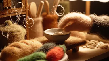 Stop-motion felt-food kitchen diorama in warm lamplight, a tiny animated hand reaching into frame and gently placing a single