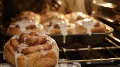 Freshly glazed cinnamon rolls pulled from an oven and drizzled with cream cheese icing in a home kitchen, rack focus on a sta