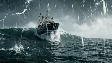 A fishing trawler cresting a rogue wave in the Tasman Sea during a gale, camera slow tilt up from the dark churning trough be