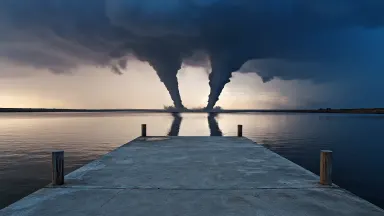 Twin funnel clouds descending simultaneously over a flat reservoir in the Texas panhandle at blue hour, camera held steady fo
