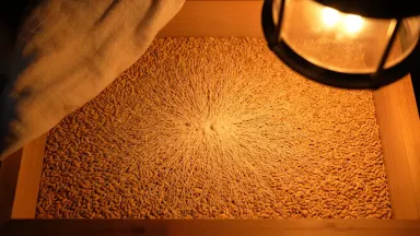 Overhead top-down shot looking straight down into a cedar fermentation box in a dim Kyoto miso brewery, white koji mycelium v