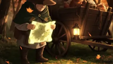 Anime illustration style. A traveling merchant with a wide-brimmed hat unpacks glowing, curl-edged enchanted maps from a crea