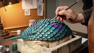Foam latex creature puppet on a workshop mold, artisan hand-painting individual scales under a raking bench lamp, textured st