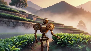 Clockwork automaton tending a terraced hillside tea farm at dawn surrounded by mist and bronze gears, anime illustration styl