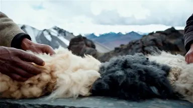 Alpaca fiber being sorted by hand into color grades on a stone table at high altitude, tracking shot moving alongside the tab