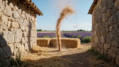 A dust devil lifts loose hay from a freshly cut Provence field and carries the golden vortex between two stone barn walls. Ca
