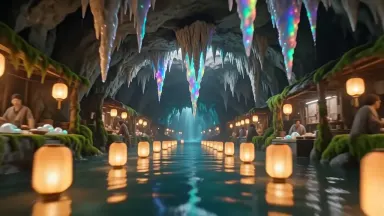 An underground river market lit by floating paper lanterns stretches through a luminous cave, where amphibian merchants displ