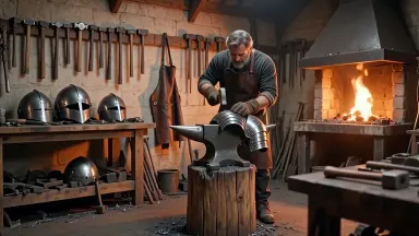 An armorer rivets overlapping lames onto a half-finished pauldron across a wooden horse in a castle forge. Camera slow pushes