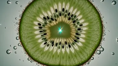 A cross-section of a ripe kiwi berry pressed flat on a backlit light table, seeds arranged in radiating green arcs around a j
