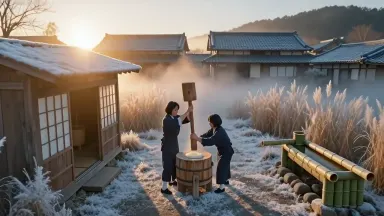 Two people in traditional dress pound mochi in a wooden usu in a Japanese village new year ceremony. Camera orbits clockwise 