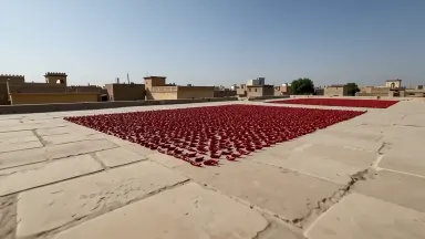 Dried red chiles are laid out in a vast flat mosaic across a Rajasthani rooftop curing under harsh midday sun. Camera arcs ar
