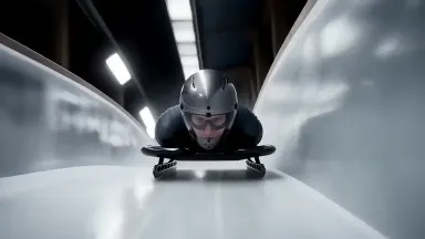 Luge athlete tucked tight in a skeleton sled blazes through a narrow ice channel mid-straightaway, the walls a streaked conti