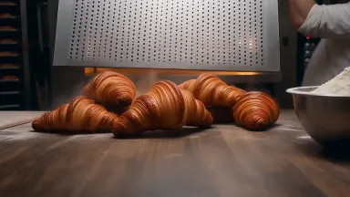 Freshly baked croissants tumble from a perforated steel tray at a pre-dawn Parisian bakery, landing in a loose pile on the wo