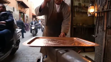 A coppersmith hammers a wide engraved tray on an anvil outside an open-fronted shop on a busy Fez medina lane, shoppers and m