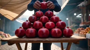 Street vendor arranges a precise pyramid of deep-crimson pomegranates on a folding table in a Beirut morning market, hands mo