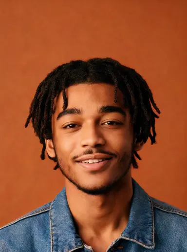 Studio portrait of a young man with short locs and a denim jacket, easy smile, warm terracotta backdrop, facing camera, shoul