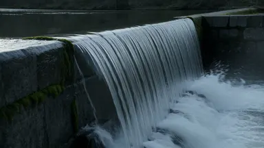 Created with Kling 4.0: One continuous shot tracking sideways along the lip of a stone weir in heavy flow, the sheet of water folding over the…