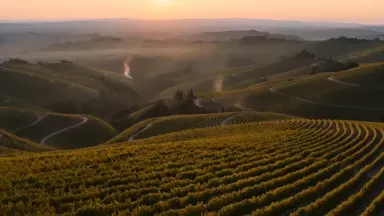 Created with Seedance 2.0: cinematic aerial pull-back over terraced vineyards at sunset, warm golden haze, rows curving with the hillside, soft…